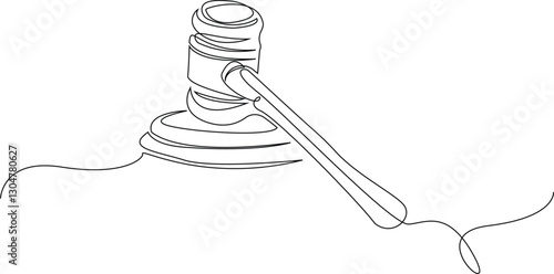 Continuous one line drawing of judge's hammer put over the the block, Law hammer in single outline vector illustration, Editable stroke.