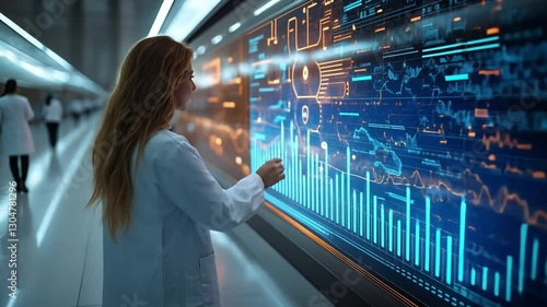 Data Analysis at Forefront: A dedicated scientist is deeply engrossed in scrutinizing intricate data visualizations on a vast interactive screen, within a futuristic setting.