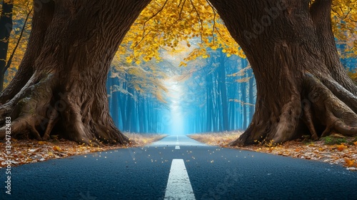 Enchanted Forest Pathway with Vibrant Autumn Foliage
