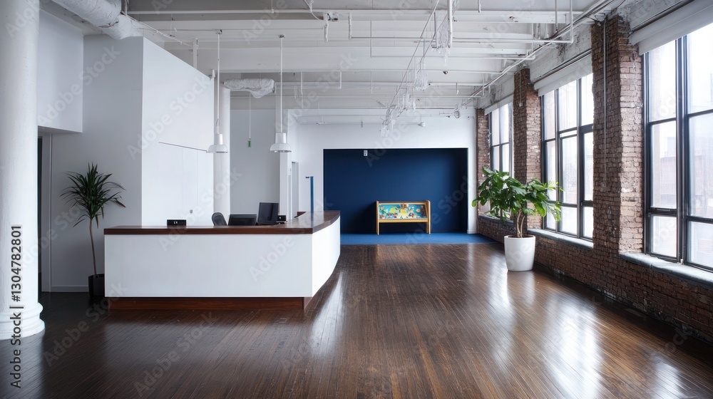 Fototapeta premium Modern office lobby with hardwood floors and large windows