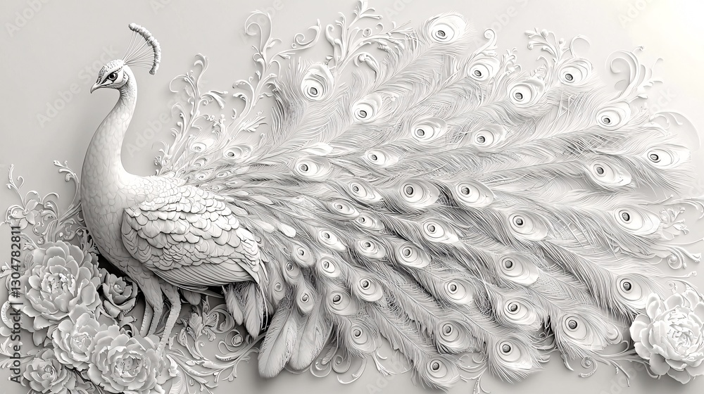 Obraz premium A detailed black line art of a peacock with intricate feather designs