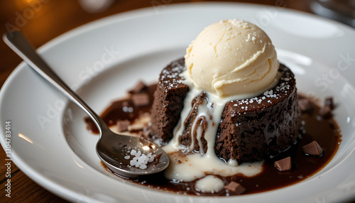 A Decadent Chocolate Lava Cake, Warm And Gooey, Crowned With A Scoop Of Vanilla Bean Ice Cream And A Sprinkle Of Sea Salt, Served With A Rich Chocolate Sauce, A Delightful Dessert Experience Isolated