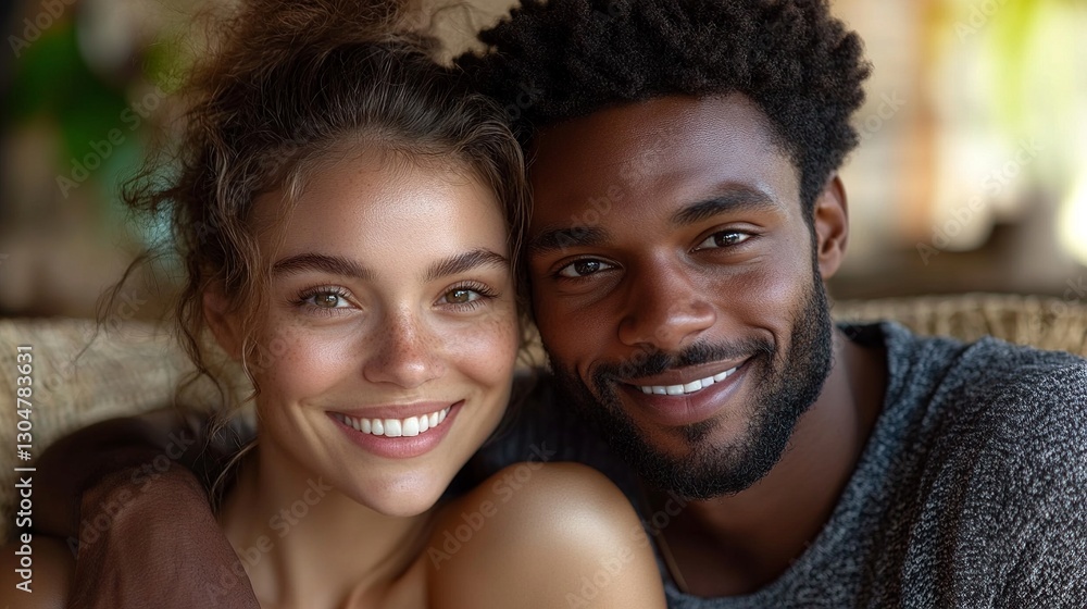 Close-up of a smiling interracial couple with their faces close together, showcasing their warm expressions and connection. Close-up of a smiling interracial couple with their faces close together, showcasing their warm expressions and connection.