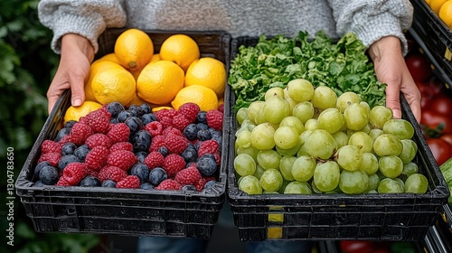 Person holding fruit crates, lemons, raspberries, grapes, grocery shopping photo