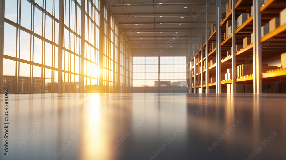 Modern Industrial Warehouse Interior with High Windows and Shelves Modern Industrial Warehouse Interior with High Windows and Shelves