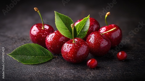 Fresh cherries with leaves on dark surface.  Possible use Food photography photo