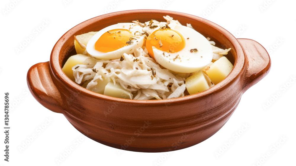 Delicious Boiled Eggs with Potatoes and Cabbage in Rustic Clay Bowl Delicious Boiled Eggs with Potatoes and Cabbage in Rustic Clay Bowl