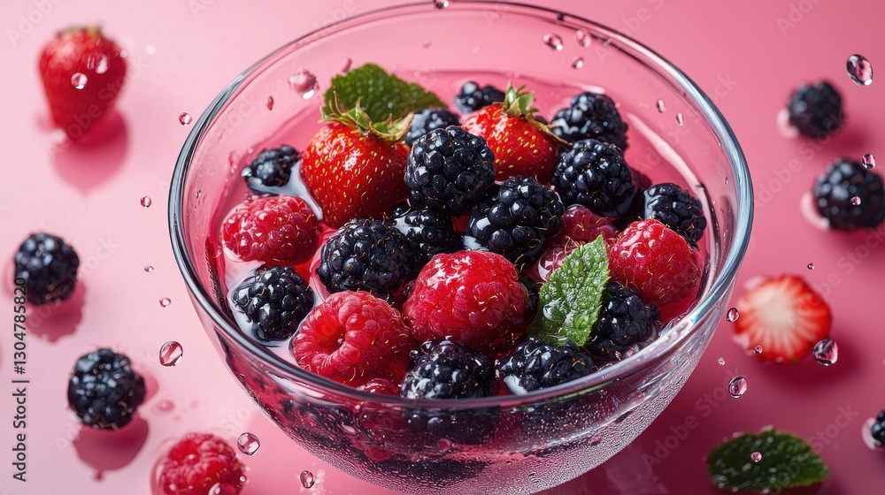 Fresh Berries in Crystal Bowl with Water Droplets on Pink Background Fresh Berries in Crystal Bowl with Water Droplets on Pink Background
