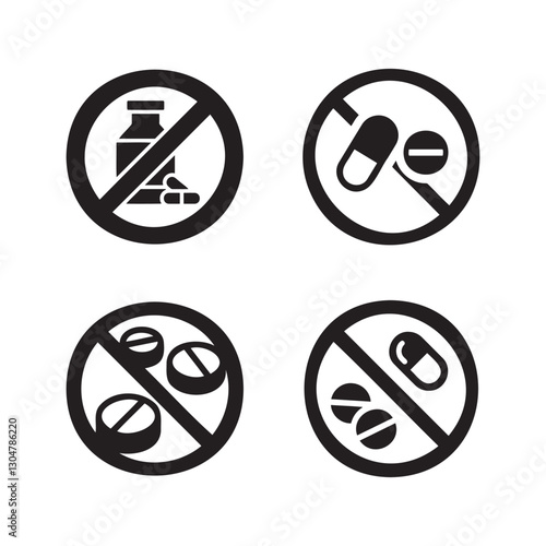 No Medicine and Pills Prohibited Icons Set.