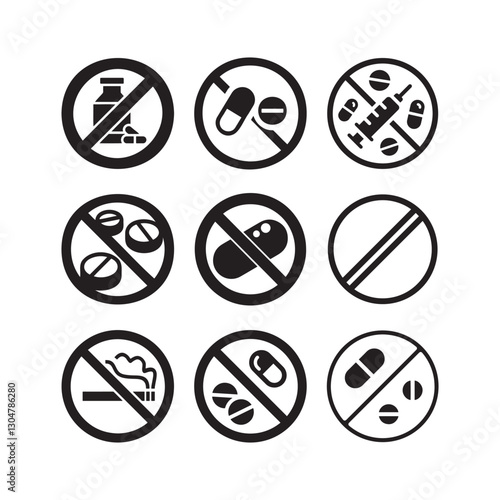 No Drugs and No Smoking Prohibited Icon Set.