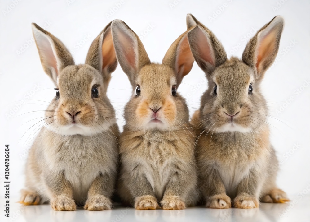 Fototapeta premium Three Cute Rabbits Posing Together on White Background - Adorable Bunny Trio Stock Photo