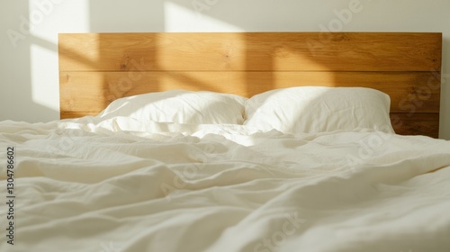 Soft linens cover cozy bed, illuminated by gentle sunlight creat