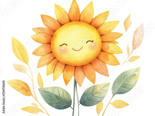 A cartoon sunflower with a smiling face and green leaves