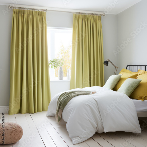 Heavy fabric curtains in modern bedroom, white walls and wooden furniture, miminal interior design