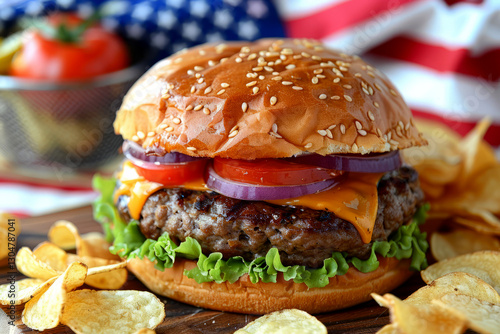 Delicious bacon cheeseburger with crispy potato chips, on rustic wood table