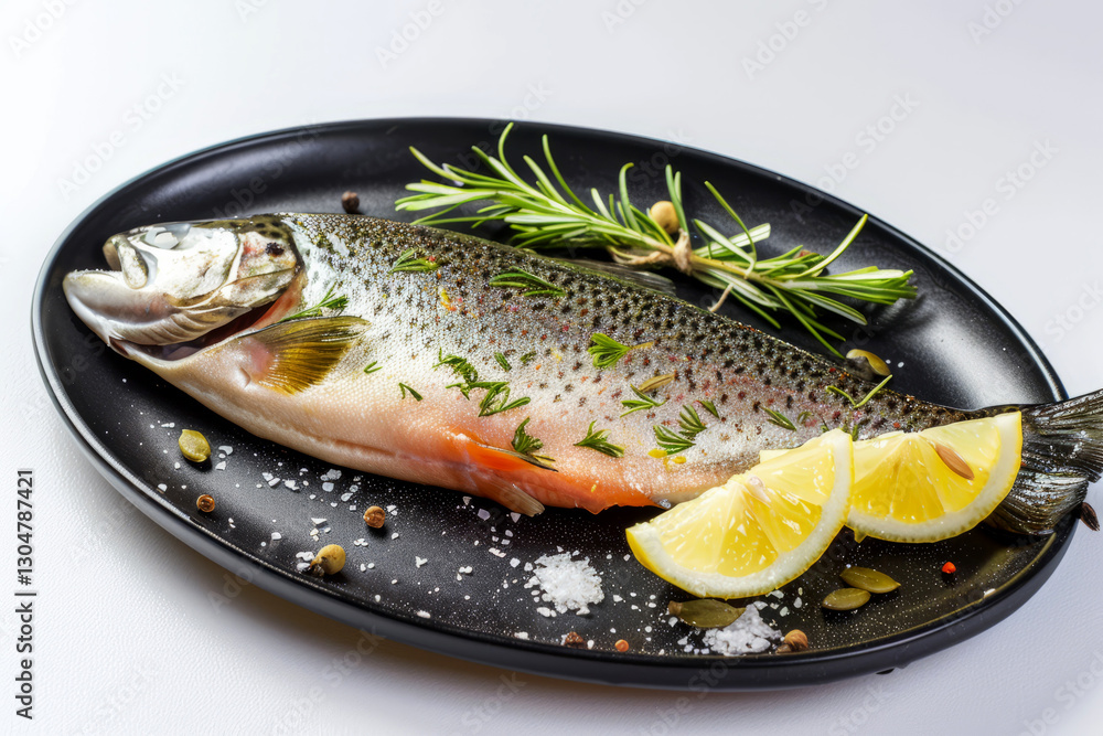 Raw fish trout with lemons and rosemary, prepared for cooking Raw fish trout with lemons and rosemary, prepared for cooking