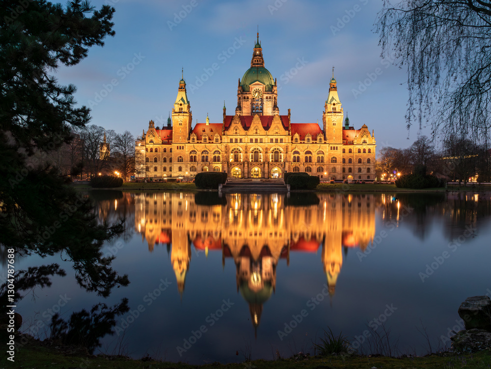 Obraz premium Rathaus in Hannover am Maschpark frontal in der blauen Stunde beleuchtet mit Spiegelung im Wasser 