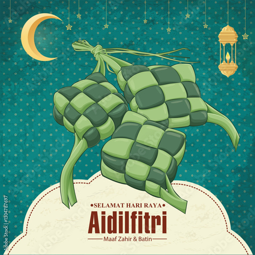Hari Raya Aidilfitri background design with ketupat. Malay means Fasting day celebration, I seek forgiveness, physically and spiritually.