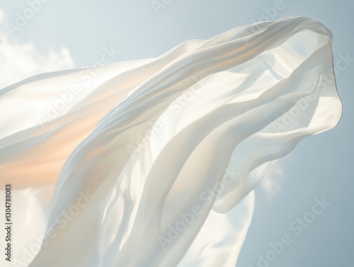 A white fabric with a wave pattern is blowing in the wind