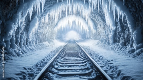 Ice-Covered Underground Tunnel with Snowy Railroad Tracks