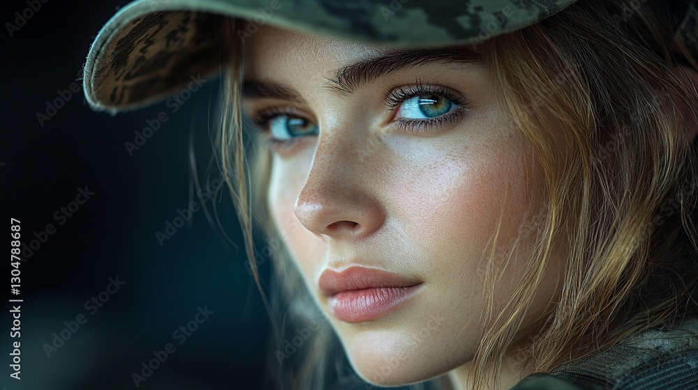 A woman in a patterned cap gazes intently, her piercing blue eyes and soft features set against a blurred background. Her expression is magnetic. A woman in a patterned cap gazes intently, her piercing blue eyes and soft features set against a blurred background. Her expression is magnetic.
