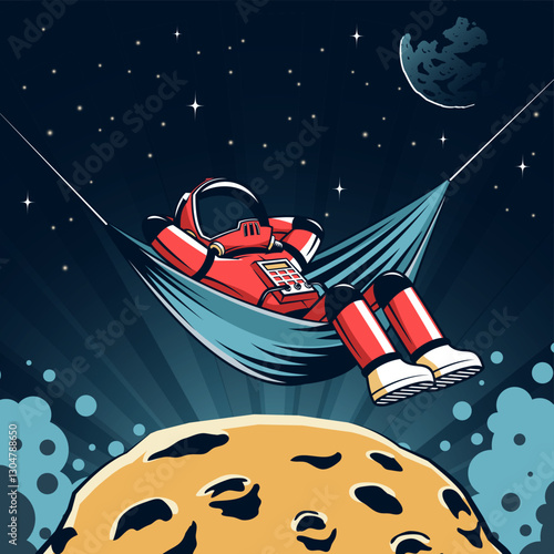 Astronaut in spacesuit lounges in a hammock above a cratered asteroid. Stars and moon hovers in the background. Vector retro comics style