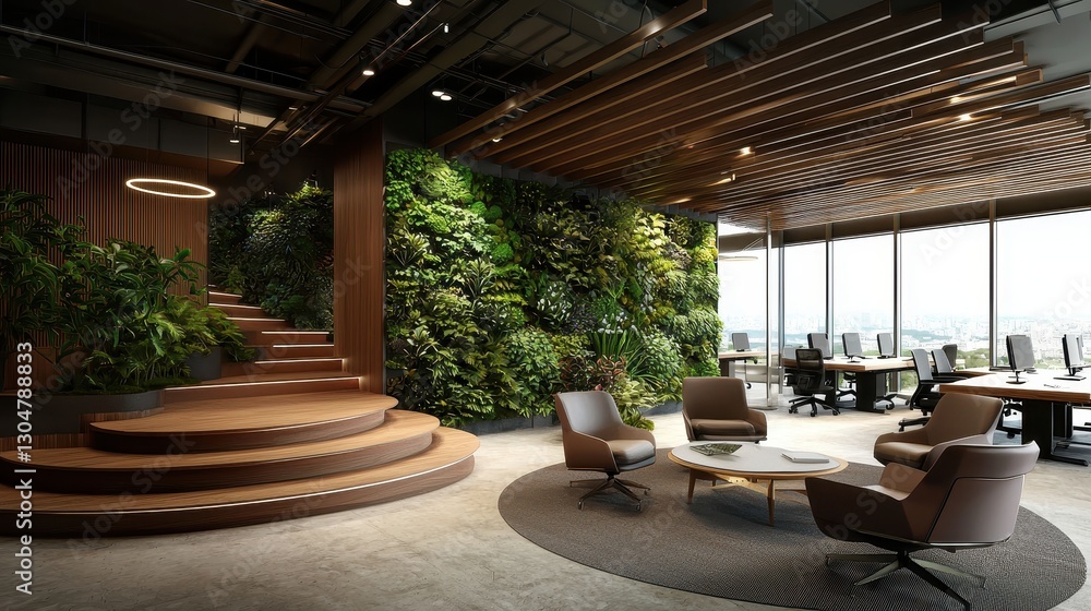 Fototapeta premium Modern 3D Rendering of an Inviting Office Interior Featuring a Vertical Garden and Cozy Seating Area