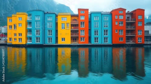 Colorful waterfront buildings reflect in calm water photo