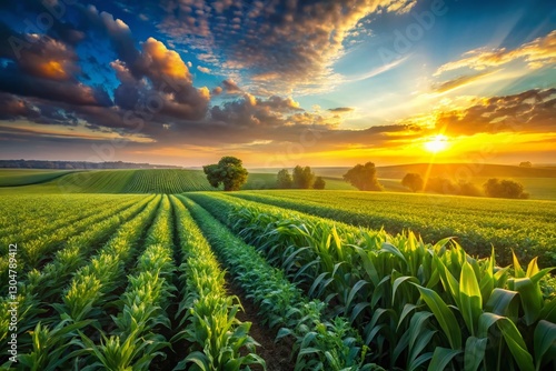 Tranquil Dawn: Diverse Crops in Vast Green Fields - Silhouette Photography