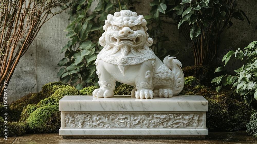Elegant White Marble Foo Dog Garden Statue Elegant White Marble Foo Dog Garden Statue