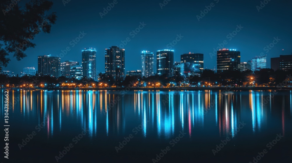 Fototapeta premium City skyline at night reflected in lake. Possible stock photo use Stock image of a city skyline at night, cityscape, city lights