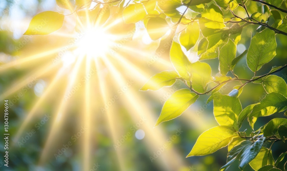 Obraz premium Sunbeams through leaves, forest backdrop, spring freshness, nature