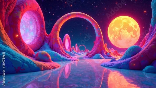 Surreal Dreamscape Vibrant Pink and Blue Alien Landscape Under a Giant Orange Moon