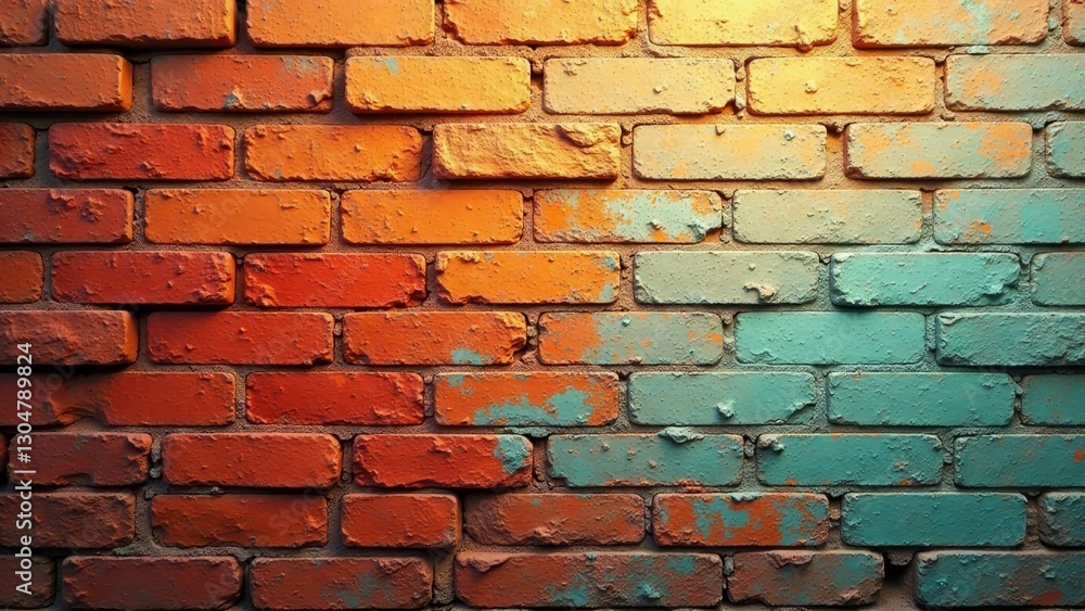 Fototapeta premium A Rustic Brick Wall with a Two-Tone Color Gradient of Warm Orange and Cool Teal Hues, Showing a Distressed Texture and Uneven Paint Application