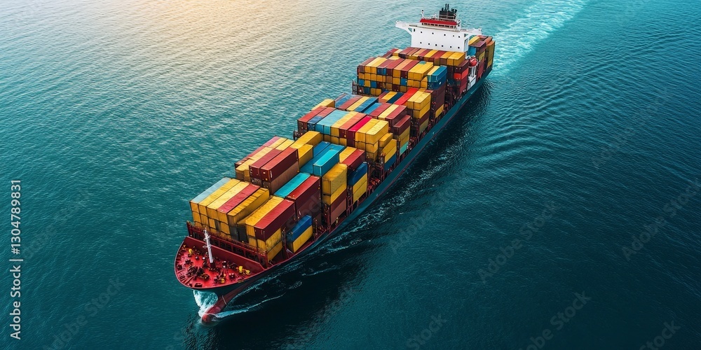 Fototapeta premium Aerial View of Cargo Ship Full of Containers on Ocean