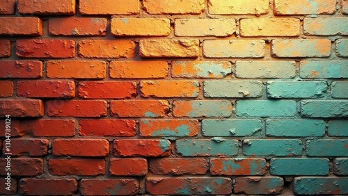 A Rustic Brick Wall with a Two-Tone Color Gradient of Warm Orange and Cool Teal Hues, Showing a Distressed Texture and Uneven Paint Application