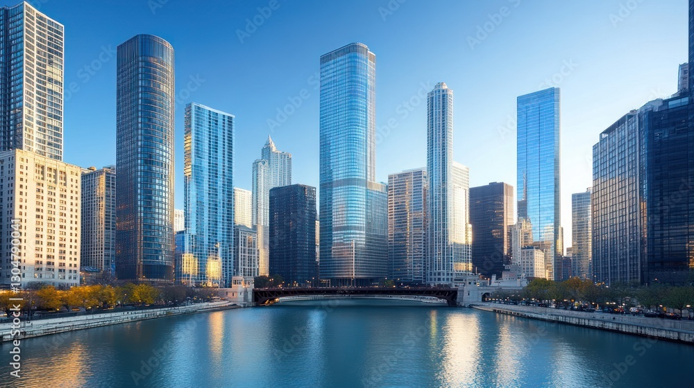 Fototapeta premium Chicago Skyline at Sunrise over River. Cityscape, urban, buildings, morning light, reflected, bridge, calm water, photo