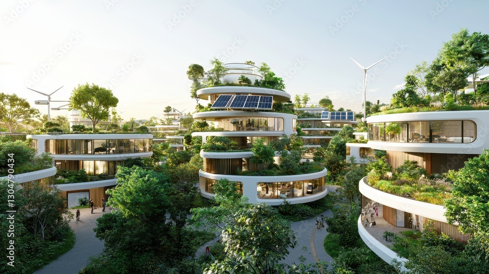 Obraz premium Futuristic Urban Landscape Showcasing Self-Sustaining Structures with Lush Greenery and Advanced Technology