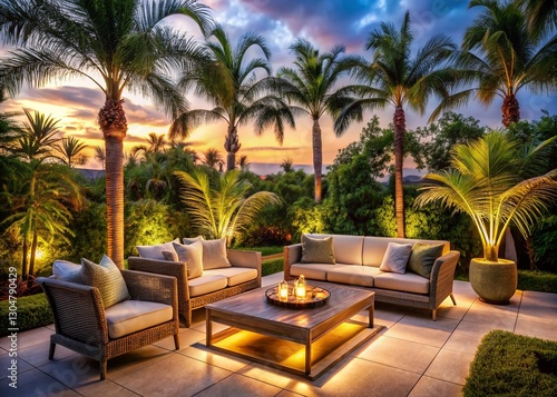 Twilight Palm Trees Outdoor Patio Seating Area - Relaxing Evening Ambiance Stock Photo