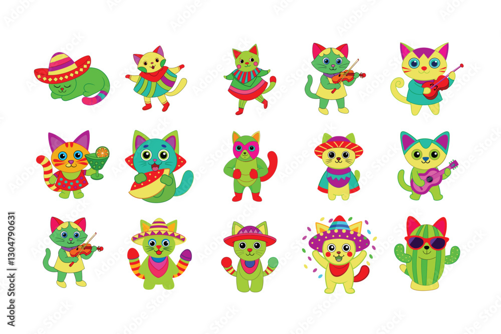 Obraz premium set of Colorful Cartoon vector Cats. Concept Cinco de mayo.