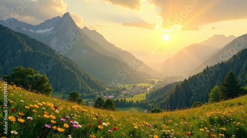 Wallpaper Mural Golden Hour Serenity A Wildflower Meadow Overlooking a Picturesque Valley Nestled Among Majestic Mountains at Sunset Torontodigital.ca