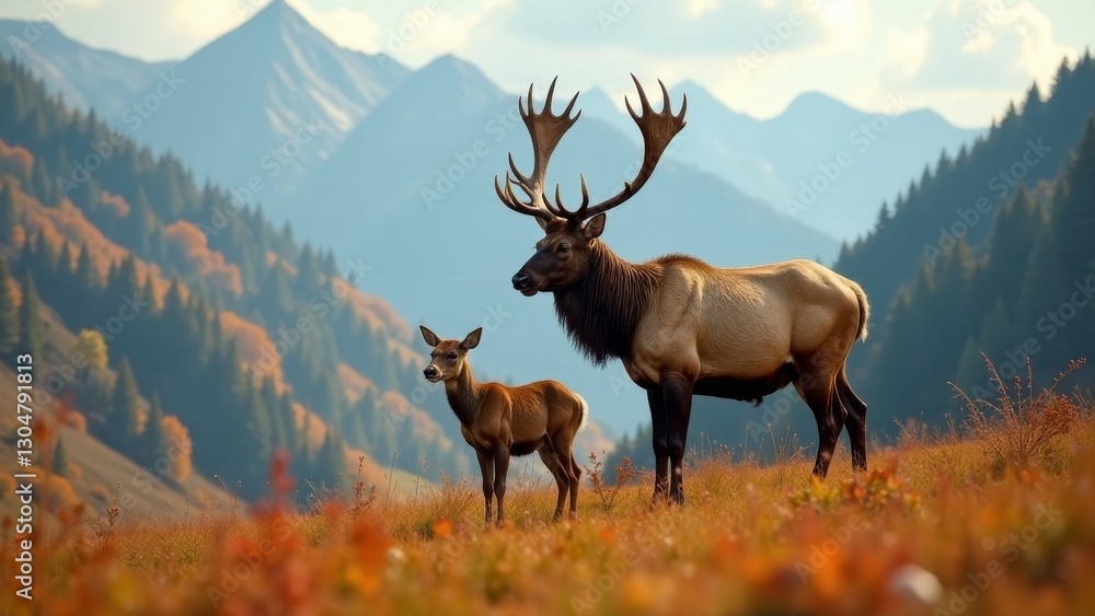Fototapeta premium Majestic Elk and Fawn in Autumnal Mountain Meadow