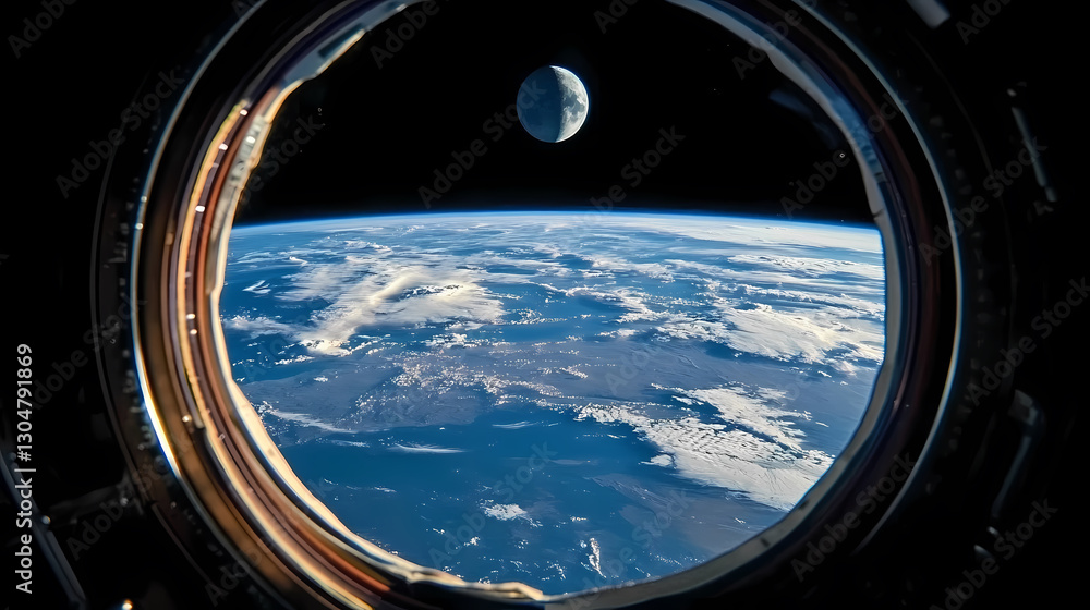 Earth and Moon through Space Capsule Window Earth and Moon through Space Capsule Window