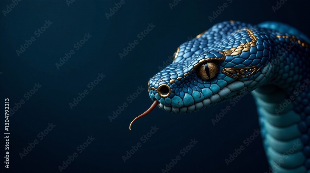 Fototapeta premium Close-up of a vibrant blue reptile with golden accents, its forked tongue extended, set against a deep blue backdrop.