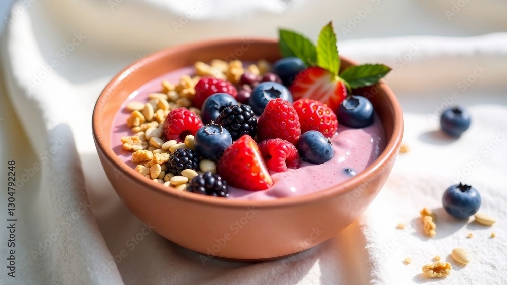 A delightful bowl of creamy pink yogurt topped with a vibrant mix of fresh raspberries, blueberries, blackberries, and crunchy granola, bathed in sunlight. A delightful bowl of creamy pink yogurt topped with a vibrant mix of fresh raspberries, blueberries, blackberries, and crunchy granola, bathed in sunlight.