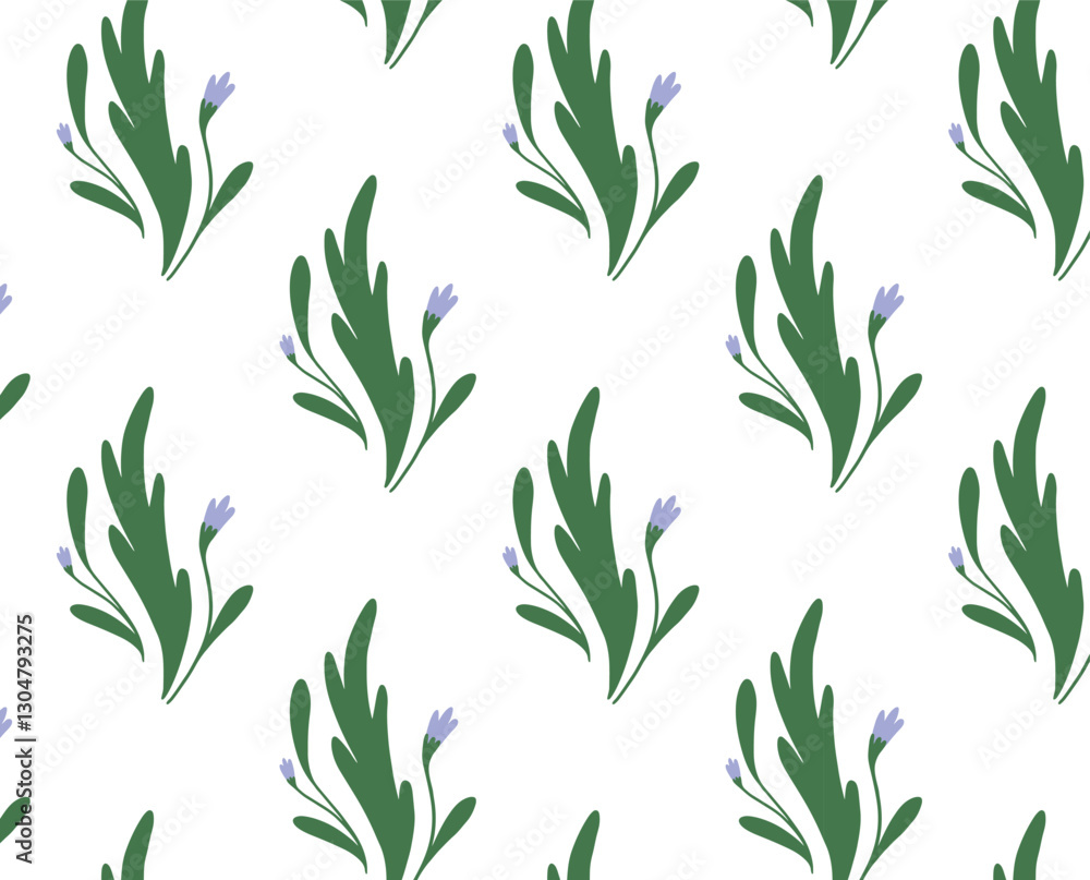 Naklejka premium Seamless botanical pattern with tiny Blue Flowers and soft Green Leaves. Hand-drawn floral ornament for fabric, wallpaper, wrapping. Flat elegant vector illustration.