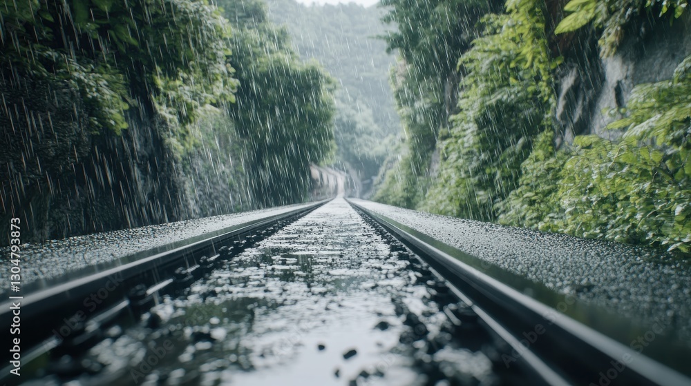 Rain-soaked Train Tracks Surrounded by Lush Greenery in Nature Rain-soaked Train Tracks Surrounded by Lush Greenery in Nature