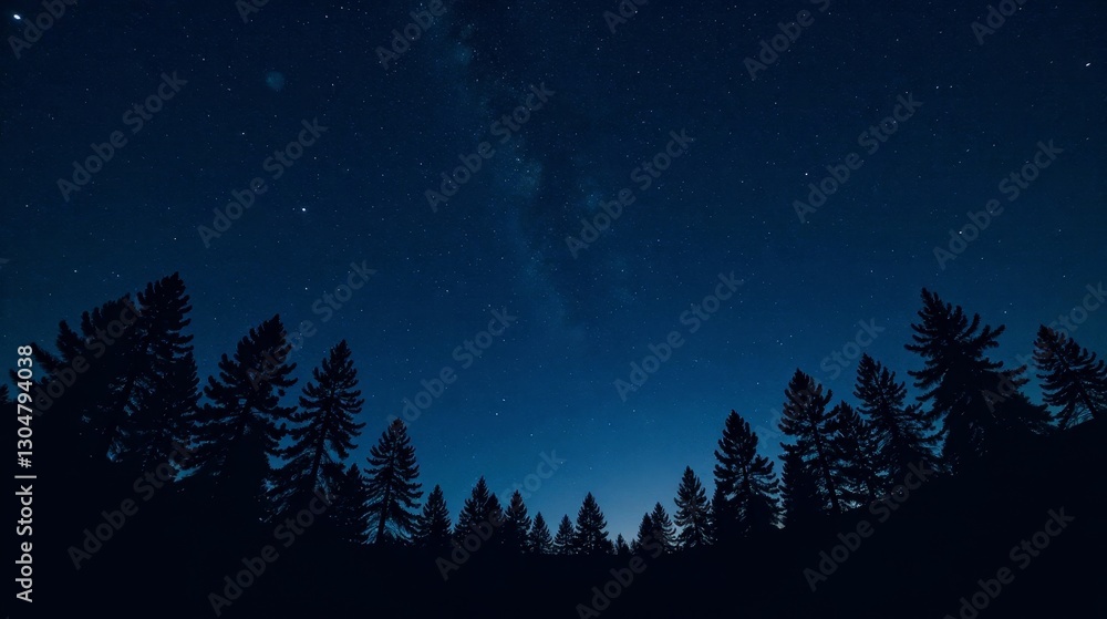 Naklejka premium Serene Night Sky Above Silhouetted Coniferous Trees Under a Celestial Canopy of Stars