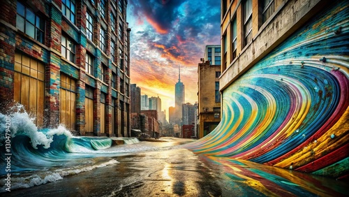 Urban Exploration Photography: Vibrant Striped Wave Background - Abstract Cityscape