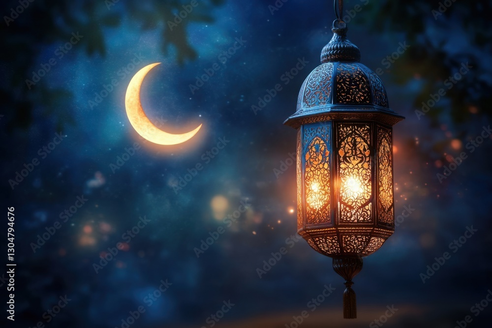A glowing Islamic lantern with intricate designs casts a warm light against a dark sky with a crescent moon and stars, creating a peaceful and hopeful scene A glowing Islamic lantern with intricate designs casts a warm light against a dark sky with a crescent moon and stars, creating a peaceful and hopeful scene